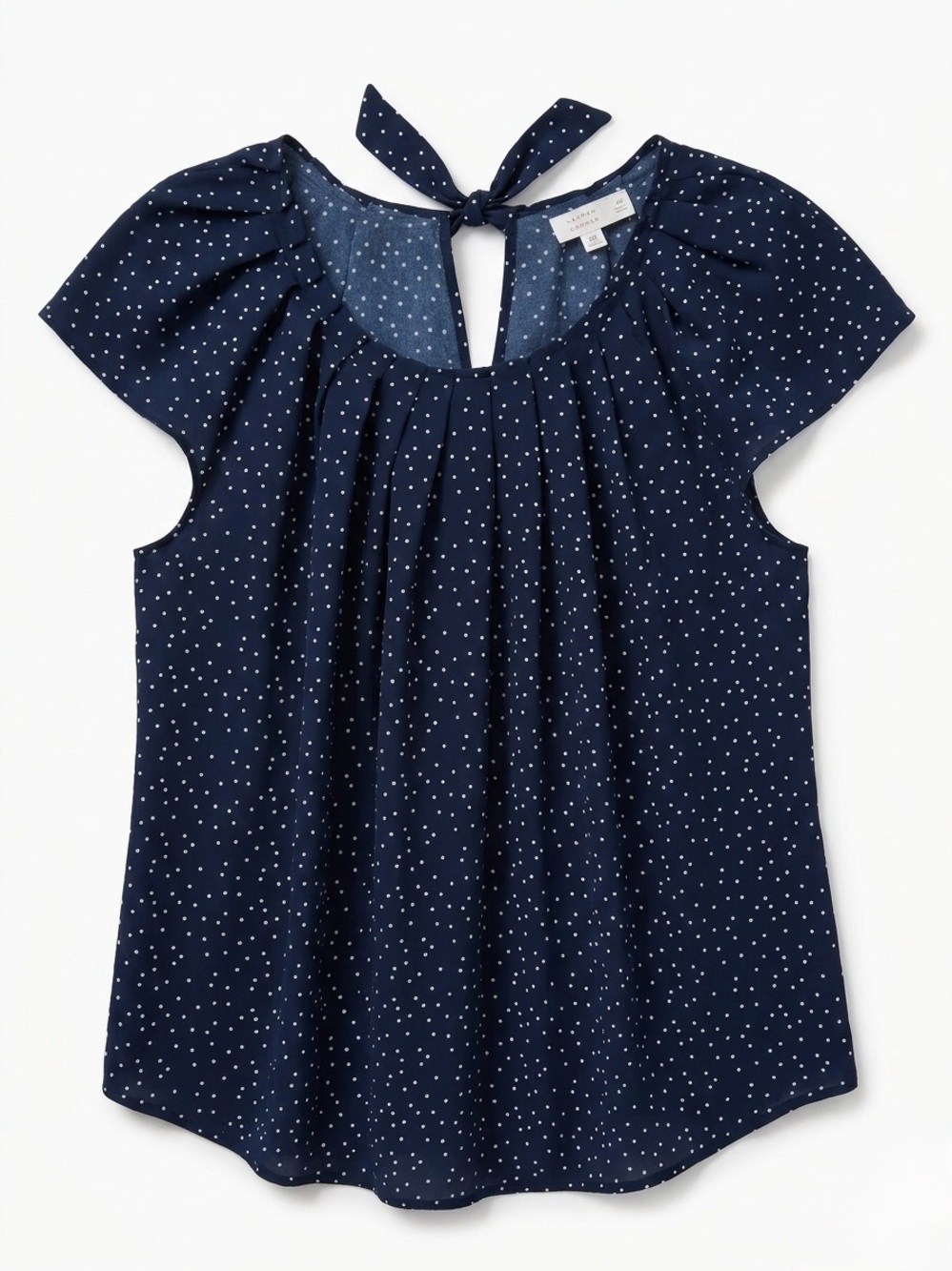 LC Lauren Conrad Navy Polka Dot Pleated Scoopneck Cap Sleeve Blouse 0X Preppy